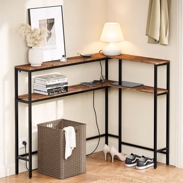 SoBuy L-Shaped Industrial Console Table with Integrated Power Socket in Brown and Black – 1