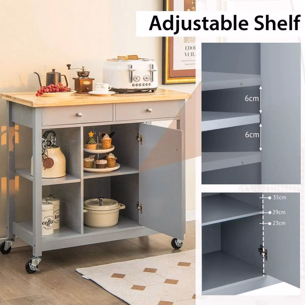 VOGREX Rolling Kitchen Island with 4 Open Shelves in Grey Rubberwood – 3