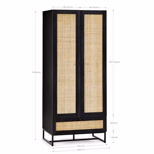 Julian Bowen Padstow Rattan 2 Door 1 Drawer Wardrobe in Black, H190 x W80 x D56 cm – 2