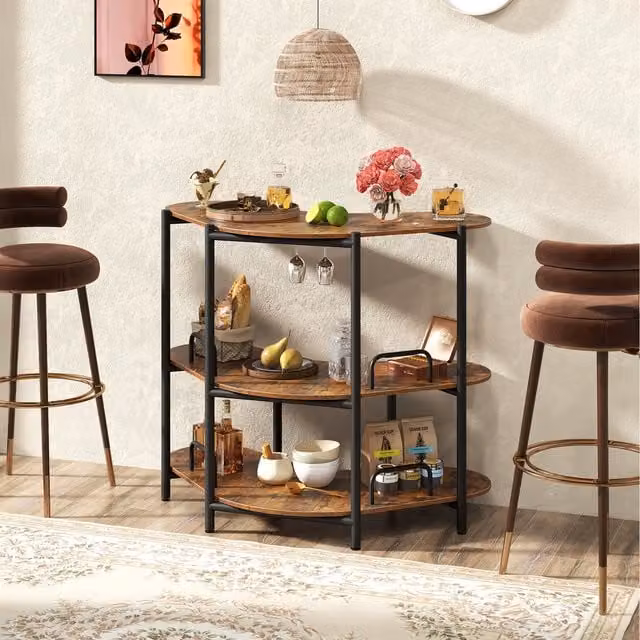 COSTWAY 3-Tier Corner Bar Table in Brown Industrial Wood and Metal
