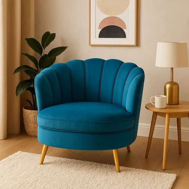 Orsina Blue Velvet Scalloped Armchair with Gold Legs – 1