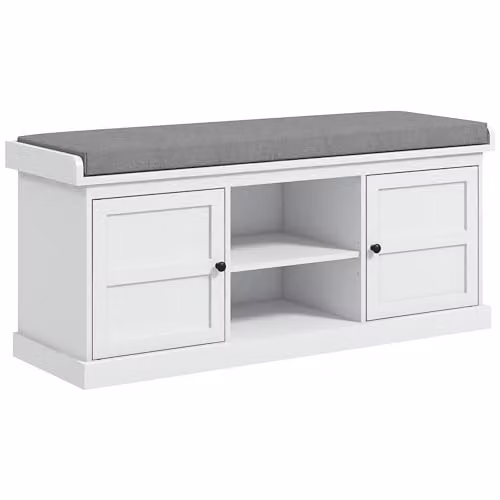 HOMCOM White Shoe Bench with Fabric Cushioned Seat and Adjustable Shelves for Hallway