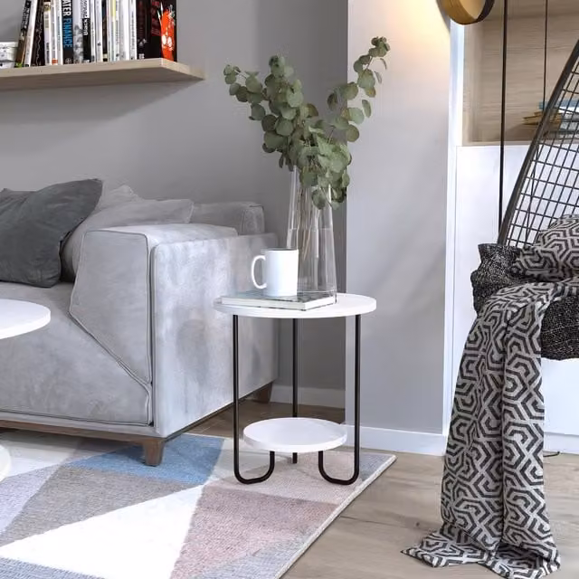 FWStyle 2 Tier Round Side End Table in White with Scratch Resistant MDF Laminate and Metal Frame