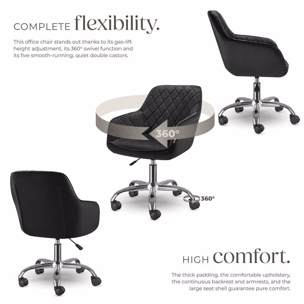 Tectake Nancy Modern Swivel Task Chair with Velvet Upholstery and Castors, Black – 3