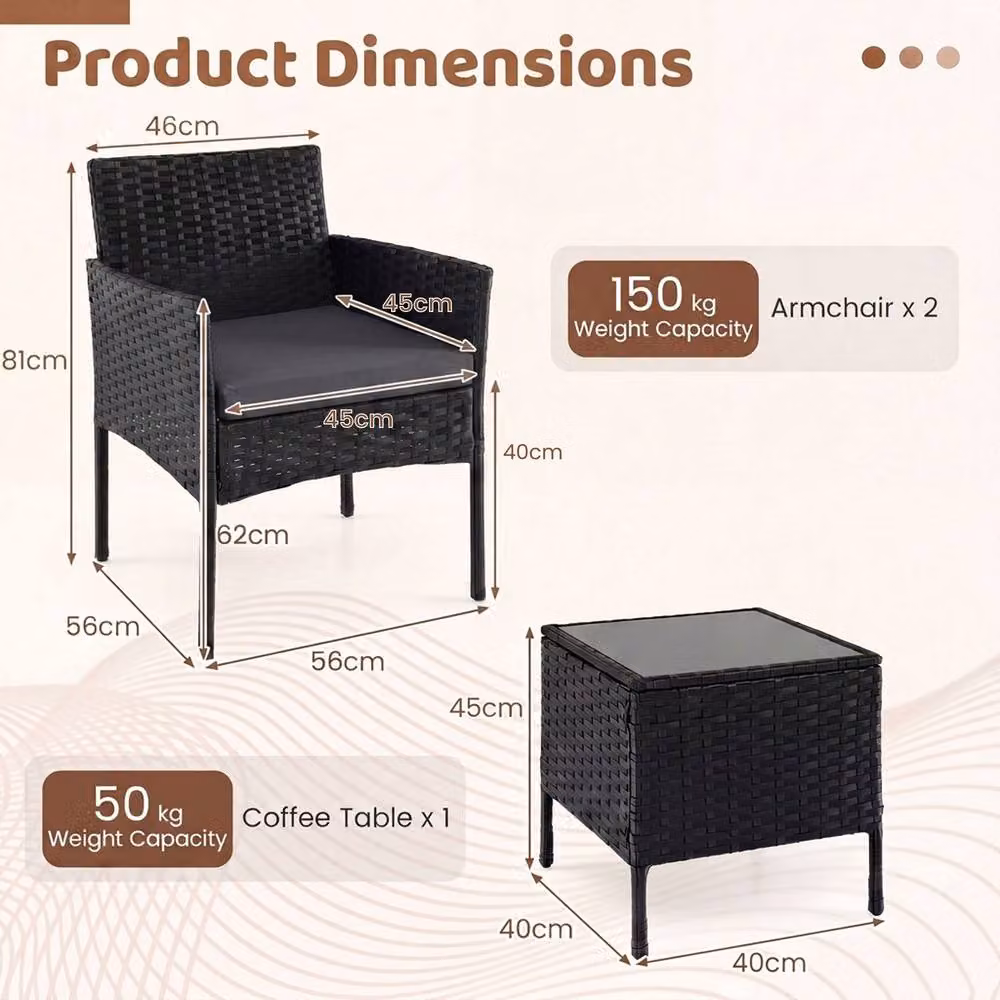 Costway 3-Piece Grey Rattan Garden Conversation Set with Cushions and Glass Top Table – 3