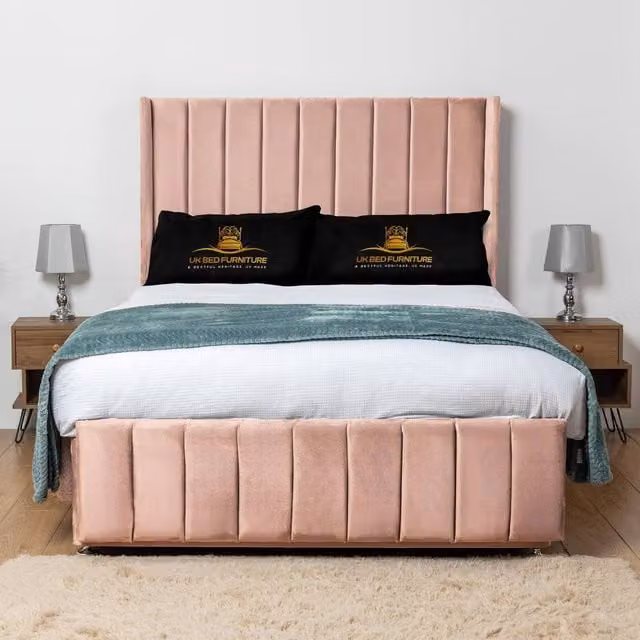 UK Bed Furniture Arizona Wingback Divan Bed Base with 54 Inch Headboard in Pink Velvet, Size: Single, W/D/H: 90 x 190 cm