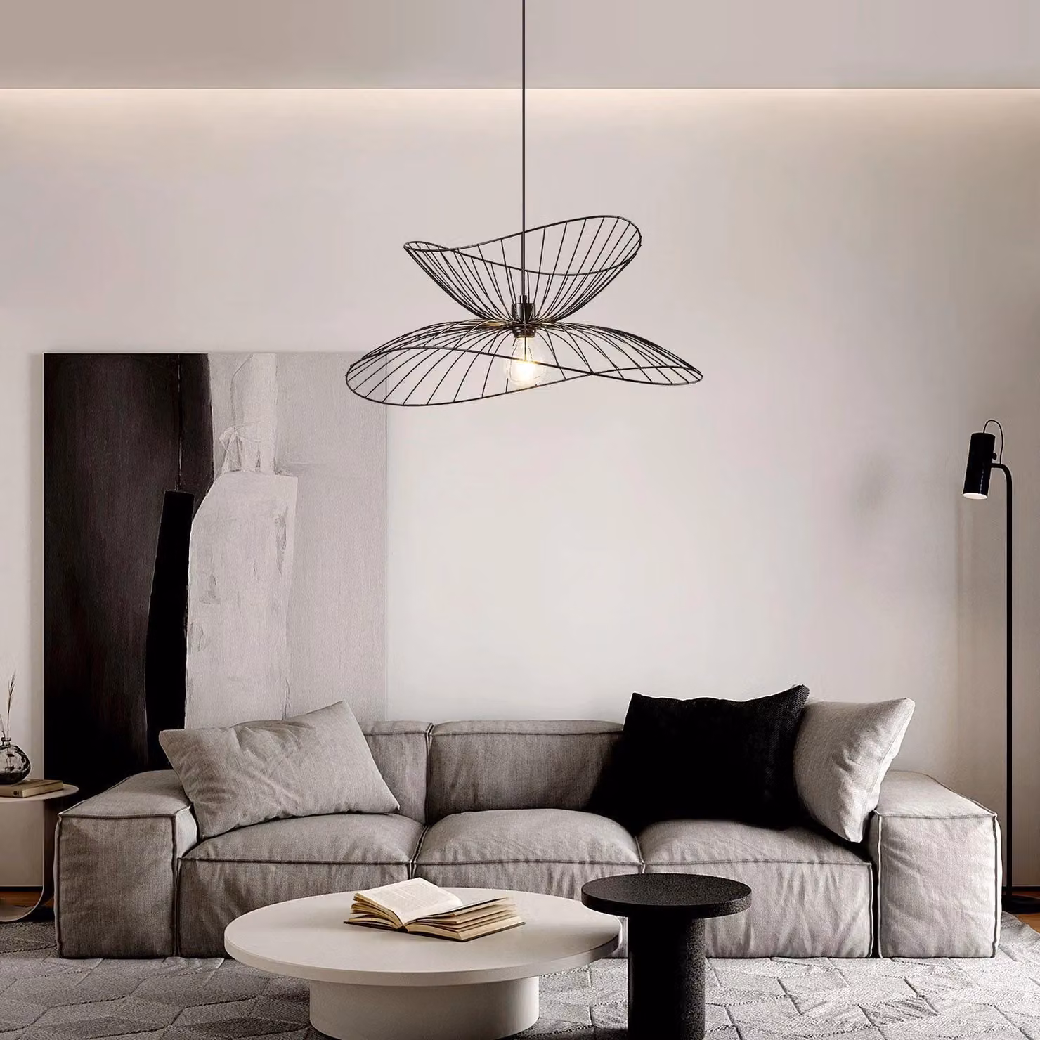 Harper Living Contemporary Black Metal Pendant Ceiling Light with Curved Threaded Shades, Diameter: 65 cm – 2