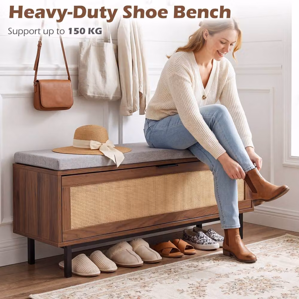 Costway Brown Shoe Storage Bench with Padded Fabric Cushion and Hidden Shoe Cabinet – 5