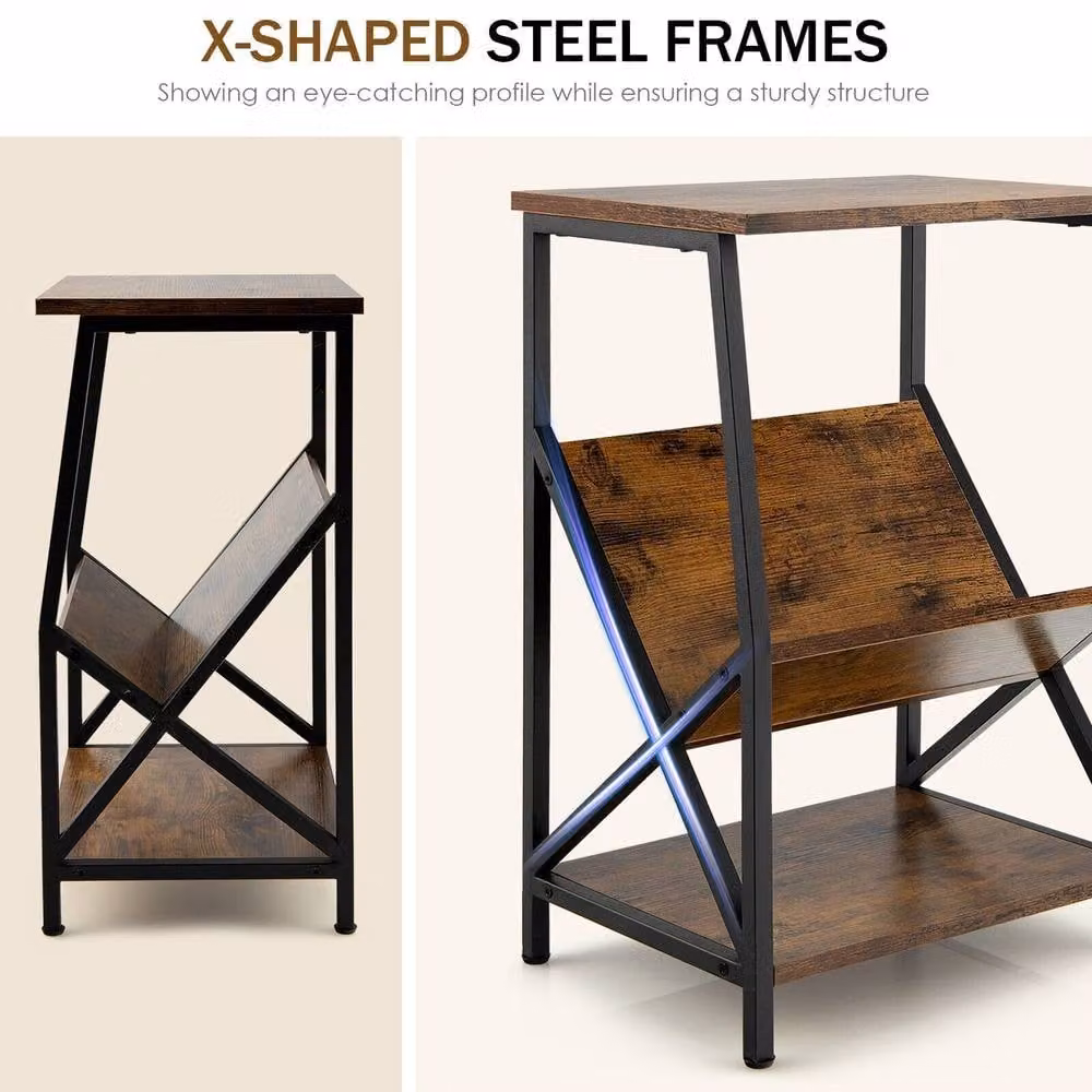 Gymax 3-Tier Industrial Side Table with V-Shaped Magazine Holder and Metal Frame in Brown and Black – 6