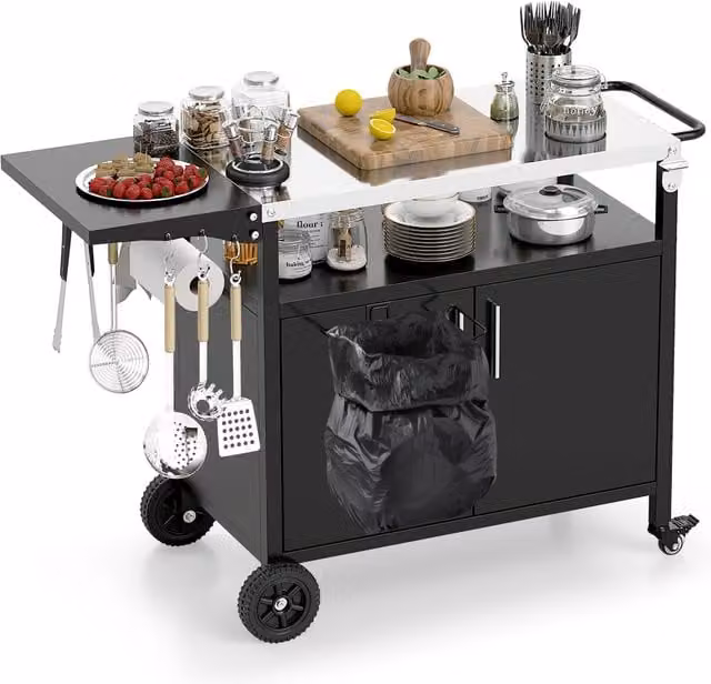 COSTWAY Modern Black BBQ Storage Cart Table with Stainless Steel and Metal Construction