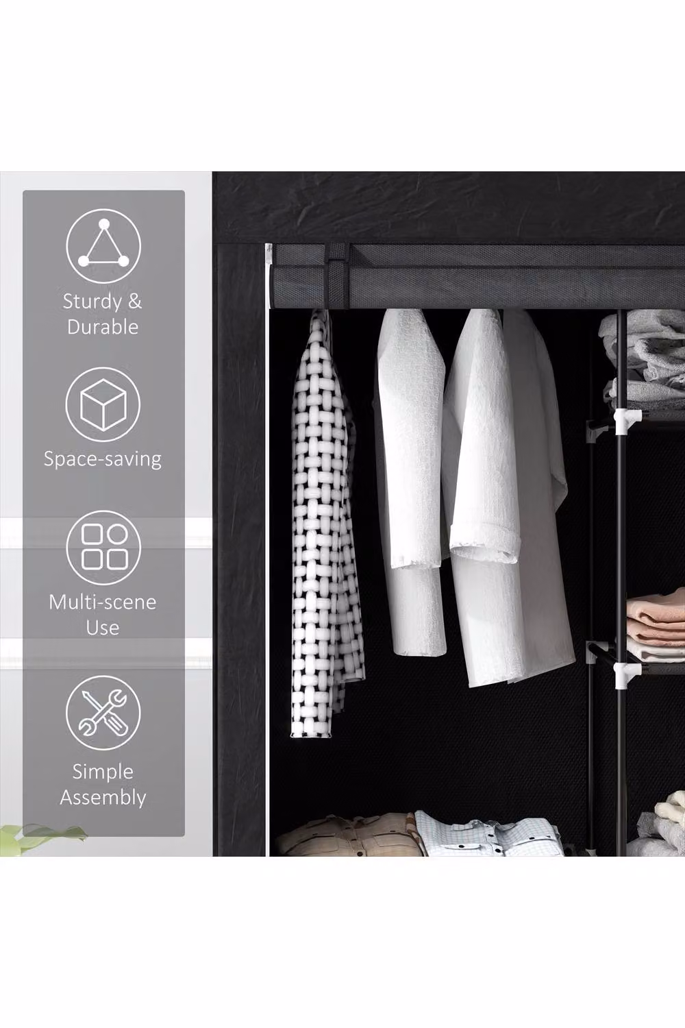 ERGOVEXA Black Fabric Foldable Wardrobe with Internal Shelves and Hanging Rail, H 162.5 x W 103 x D 43 cm – 4