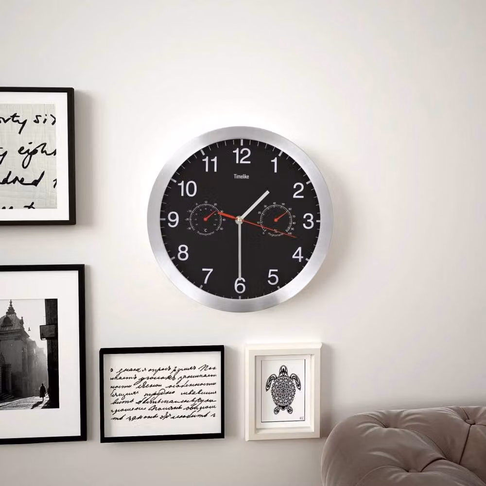 Berkfield Home Black Round Analog Wall Clock with Quartz Movement, Hygrometer and Thermometer – 2