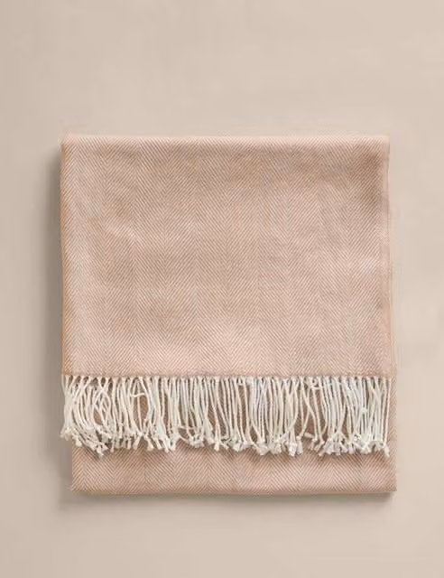 M&S Herringbone Woven Throw with Fringes in Beige