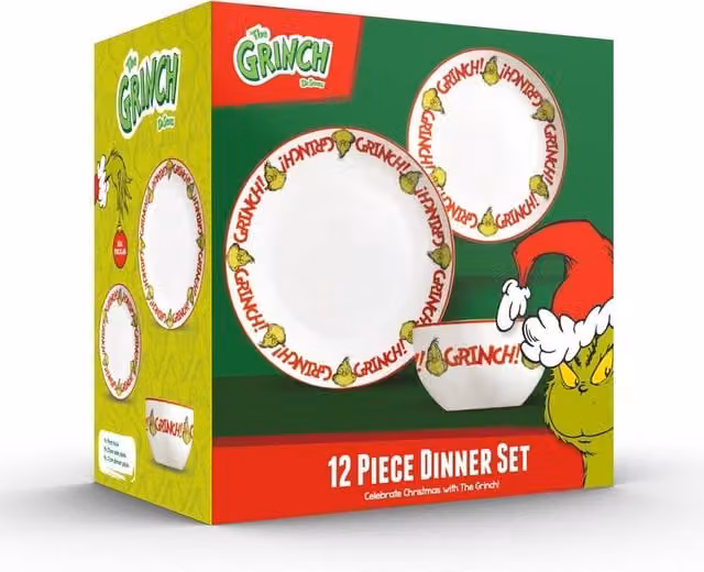 The Grinch 12-Piece Porcelain Dinnerware Set in White and Green – 1