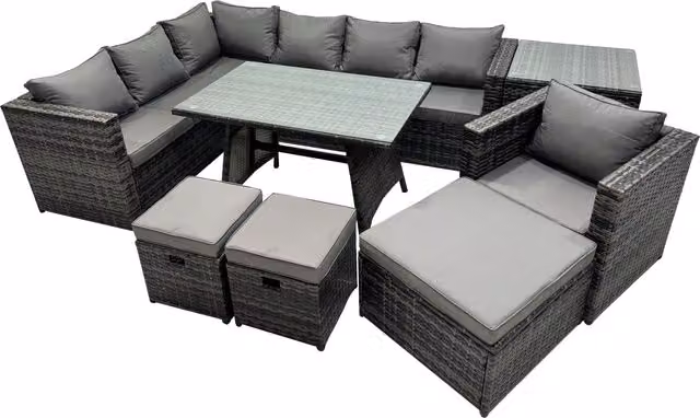 Fimous 10-Seater Outdoor Rattan Sofa Set in Dark Grey with Armchairs, 3-Seater Sofa, Ottomans, and Coffee Table