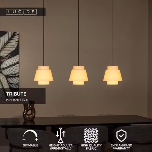 Lucide Tribute Suspended Pendant Light in Beige with Fabric Cone Shade, Height Adjustable, 3 x E27 – 2