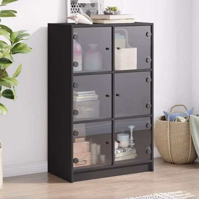 Berkfield Home Modern Black Highboard with Glass Doors, W/D/H: 68 x 37 x 109 cm