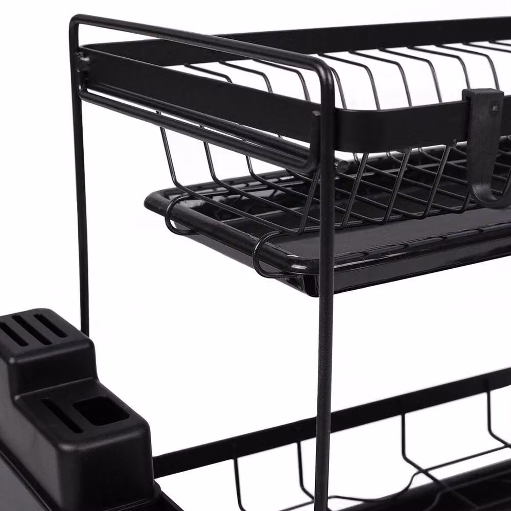 KORVIXA 2 Tier Wire Dish Drainer Rack with Cutlery Holder and Drip Tray, Black, W: 52.0 cm, D: 52.0 cm, H: 36.0 cm – 3