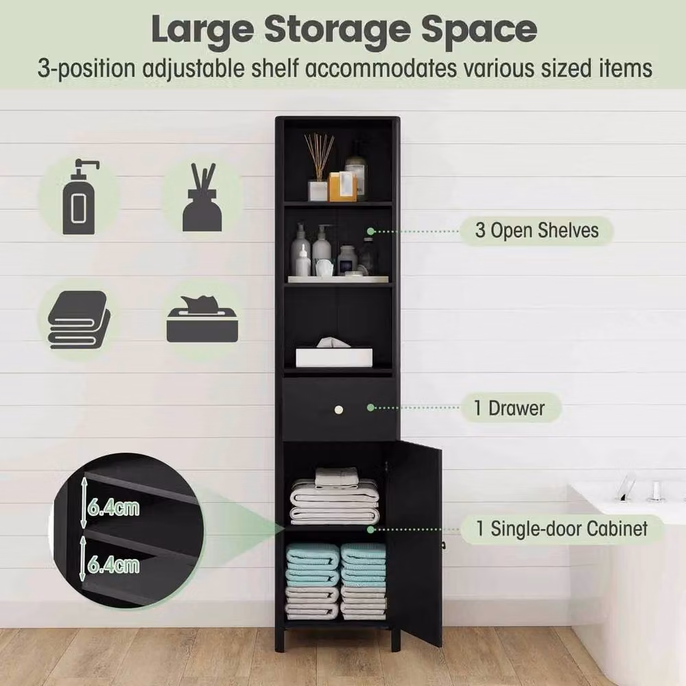 FORGEVIO Modern Narrow Freestanding Bathroom Floor Cabinet in Black, H 170 x W 30 x D 40 cm – 4