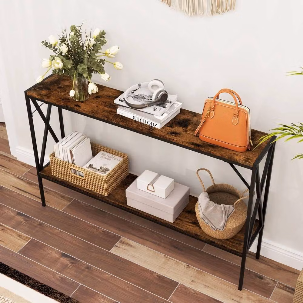 Havendro 2-Tier Industrial Narrow Sofa Table in Brown and Metal, W/D/H: 120 x 23 x 74 cm – 4