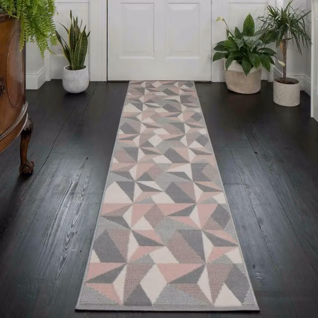 The Rug House Blush Pink and Grey Diamond Geometric Living Room Rug, W: 240 cm, D: 60 cm