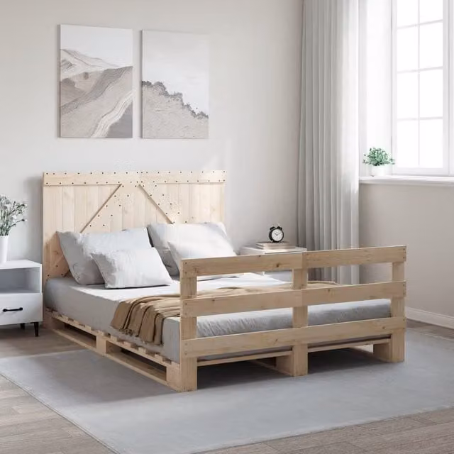 Berkfield Home Solid Wood Pine Bed Frame with Headboard in Brown, W/D/H: 140 x 200 cm