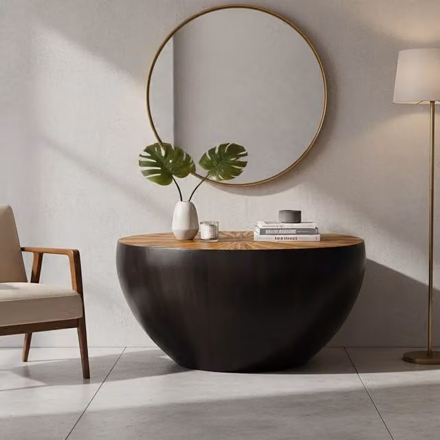 Orsina Round Ebony Console Table in Grey and Black with Rattan and Bamboo Details
