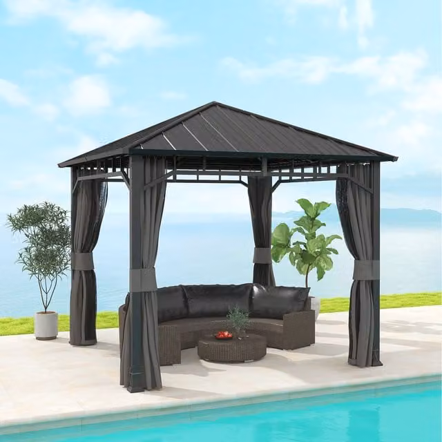 Outsunny Galvanised Steel Hardtop Gazebo with Netting and Curtains in Grey, 300 cm