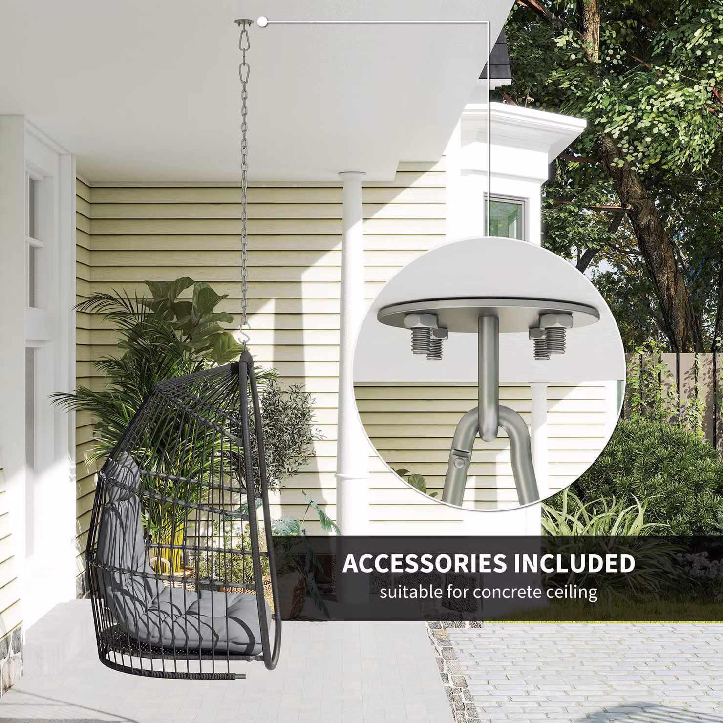 Outsunny Dark Grey Rattan Hanging Egg Chair with Metal Frame and Cushions – 8