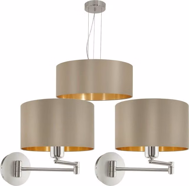 Loops Ceiling Pendant Light and 2x Matching Wall Lights in Taupe and Gold Fabric