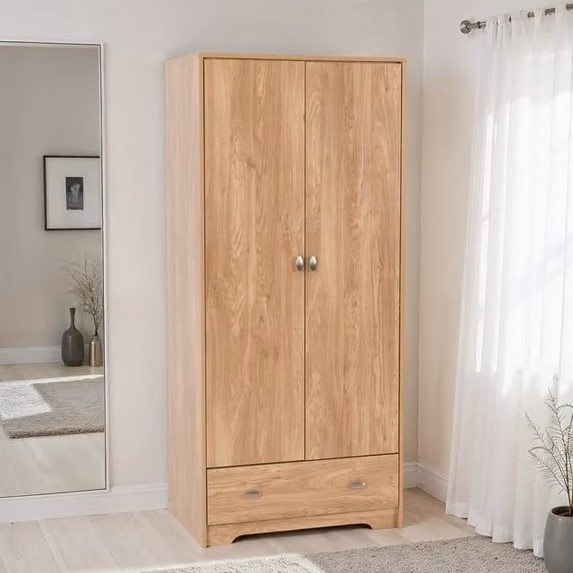 Seconique Modern Brown Wood Wardrobe with Hinged Doors, Drawers, Hanging Rod and Internal Shelves