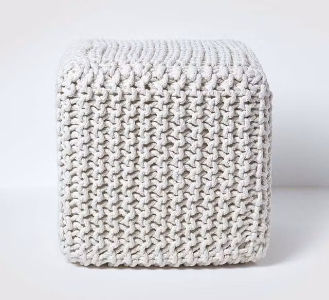 Homescapes Cube Cotton Knitted Pouffe Footstool in Beige