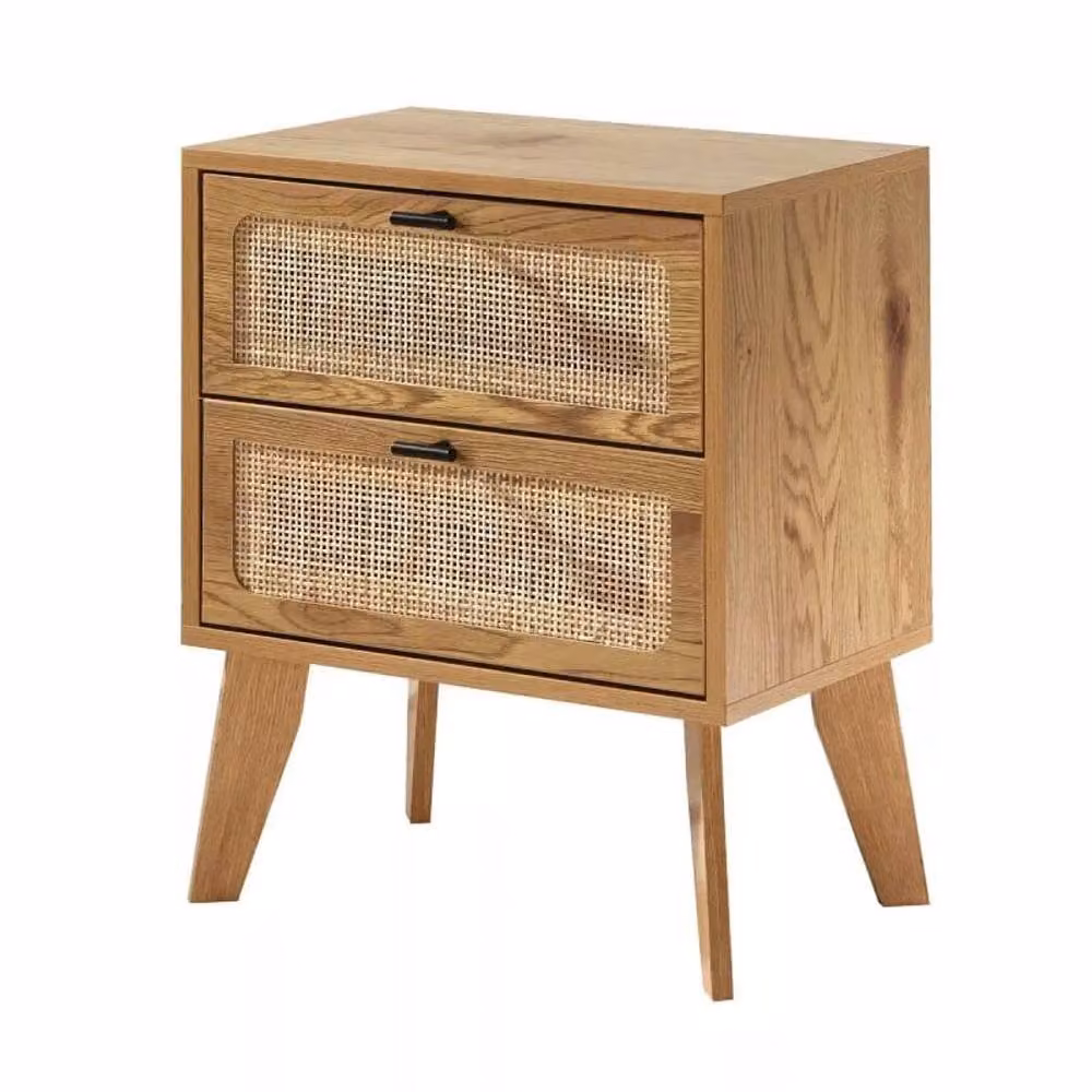 CALICOSY 2-Drawer Bedside Table with Rattan Fronts and Wood Finish in Light Brown, W/D/H: 45 x 29 x 56 cm – 3