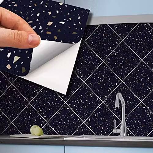 WALPLUS 24-Piece Self-Adhesive Terrazzo Wall Tile Stickers in Dark Blue and Metallic Silver, 15 x 15 cm