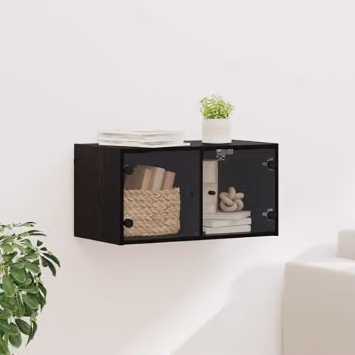 vidaXL Modern Wall Mounted Cabinet with Glass Doors in Black Oak, W/D/H: 68 x 35 x 35 cm – 2