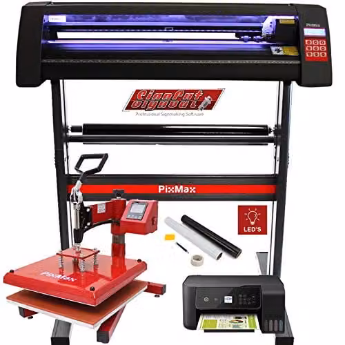 PixMax Sublimation Printing and Customisation Bundle with Vinyl Cutter, Swing Heat Press Machine 38cm, Printer and Weeding Kit