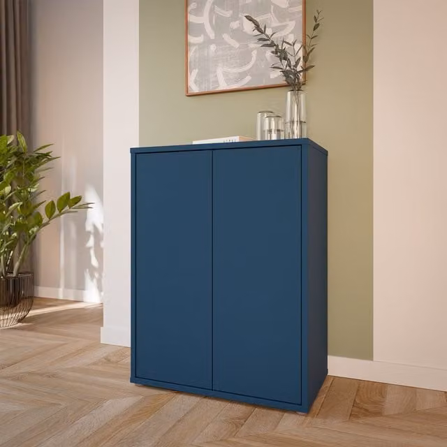 Furniture To Go Alice Springs Tall 2 Door Cabinet with Push-Open Doors in Light Grey and Night Blue