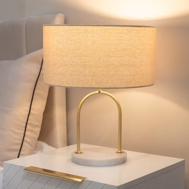 ValueLights Rachel Arch Table Lamp with Marble Base, Beige Linen Shade and LED Bulb in Gold/Brass
