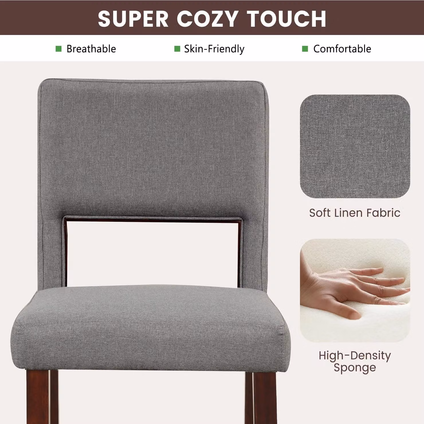 Costway Set of 2 Grey Linen Upholstered Counter Height Bar Stools with Rubberwood Legs – 5