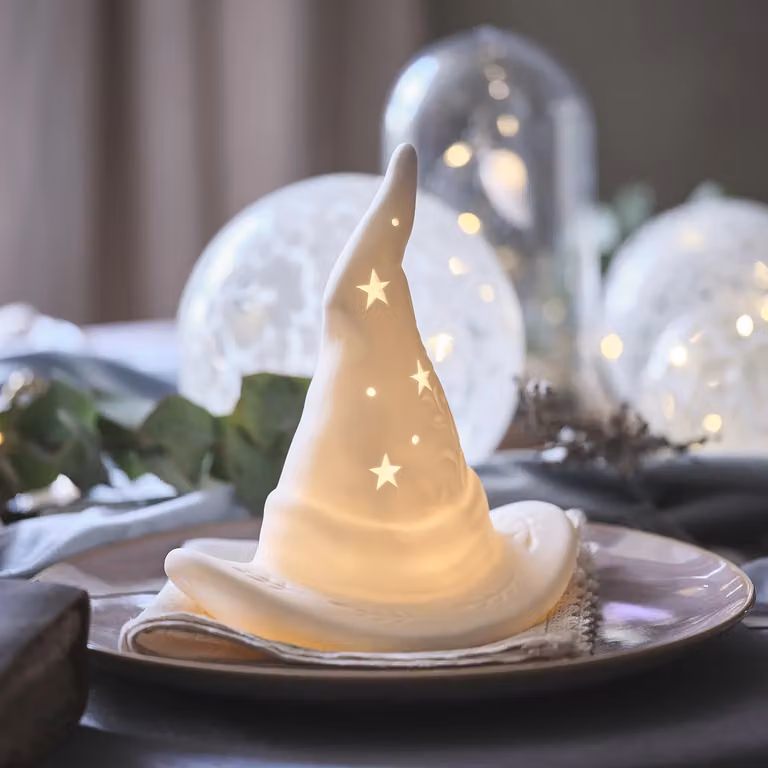 Lights4fun White Porcelain LED Witches Hat Tabletop Halloween Decoration