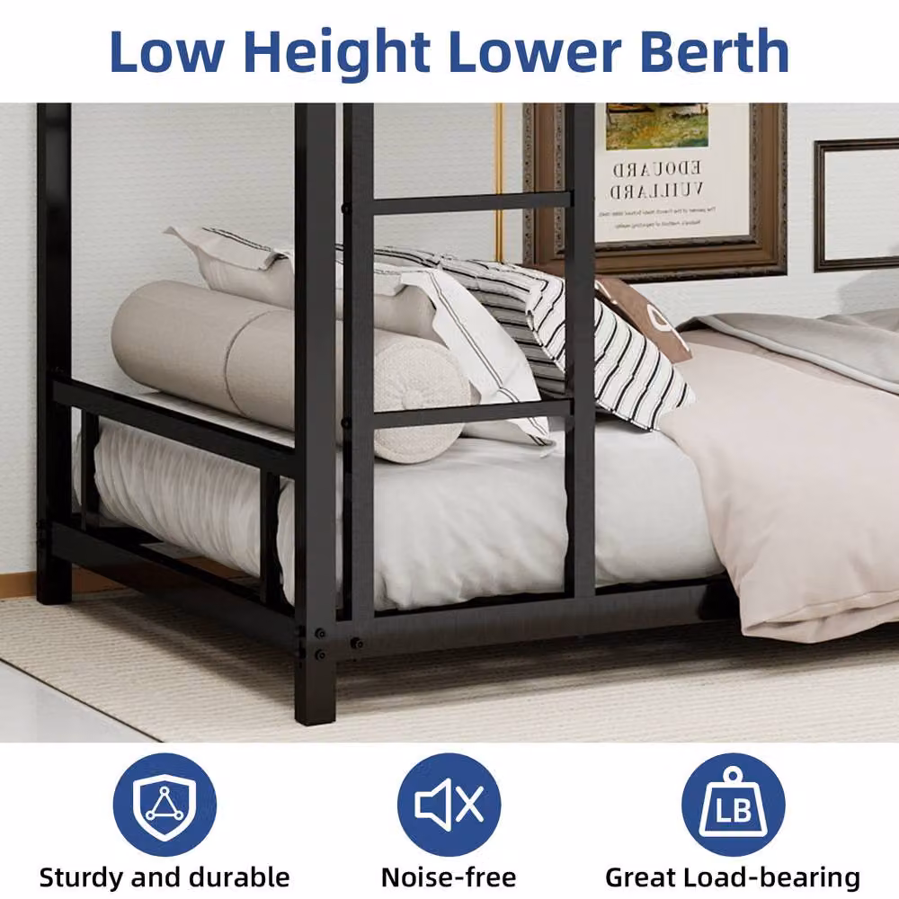 Matteo Black Metal Industrial Bunk Bed with Safety Railing and Ladder, Single Size – 3