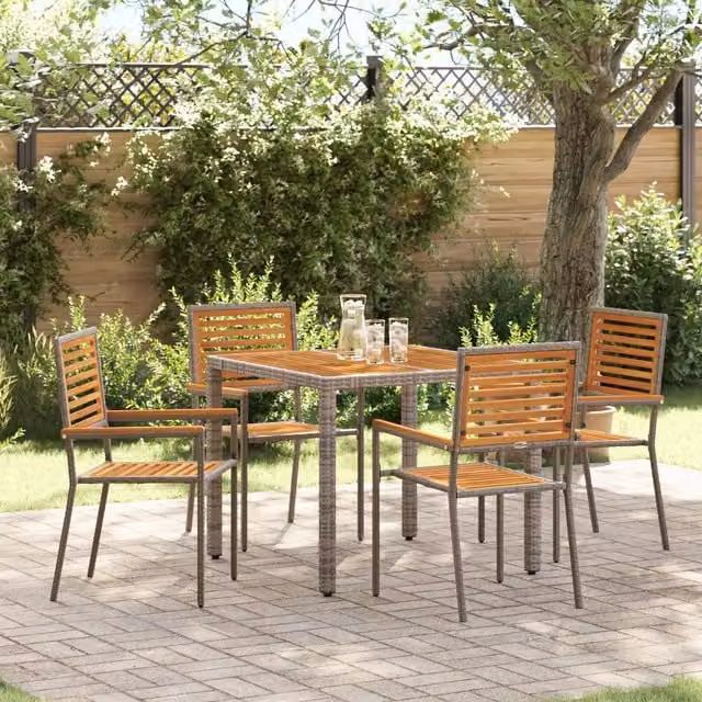 Berkfield Home 5 Piece Grey Poly Rattan and Acacia Wood Garden Dining Set