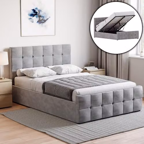 Vida Designs Valentina Double Ottoman Bed Frame in Light Grey Velvet, H 105 x W 144 x D 207 cm – 2