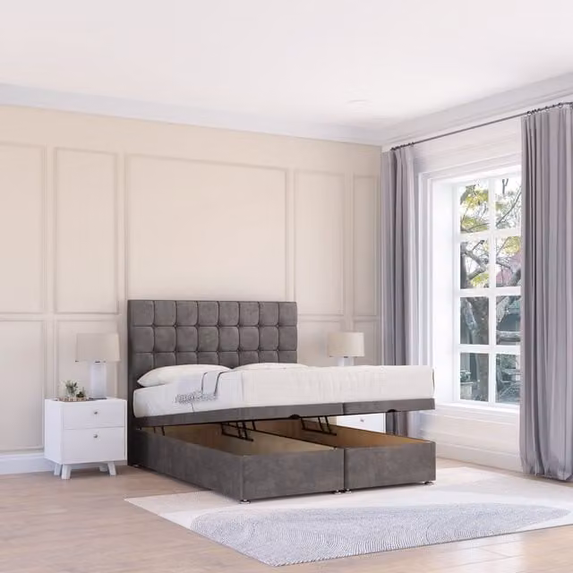 Sloomy Alabama Naples Single Fabric Ottoman Bed in Dark Grey with Hybrid Memory Mattress and 26 Inch Strut Headboard, W/D/H: 90 x 190 cm