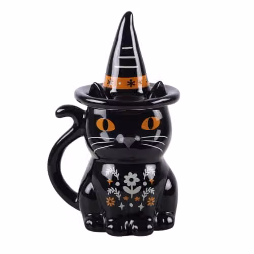Something Different Wholesale Frightful Folk Black Cat Lidded Ceramic Mug – 2