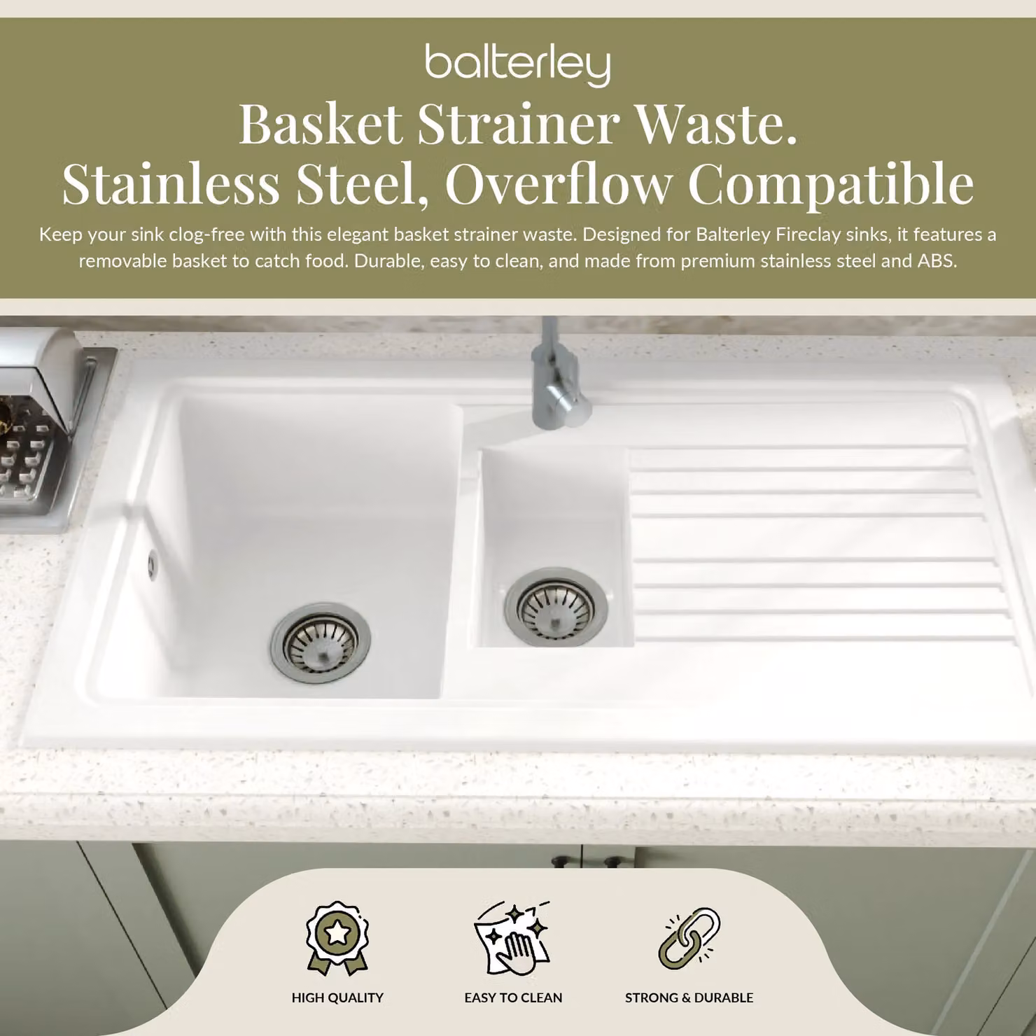 Balterley Fireclay Kitchen Sink Basket Strainer Waste with Overflow in Silver Brushed Pewter 90mm – 2