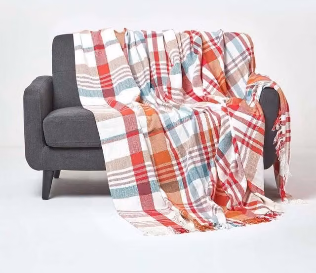 Homescapes Falun Tartan Cotton Throw in Red, Orange and White, W: 255 cm, D: 360 cm – 1