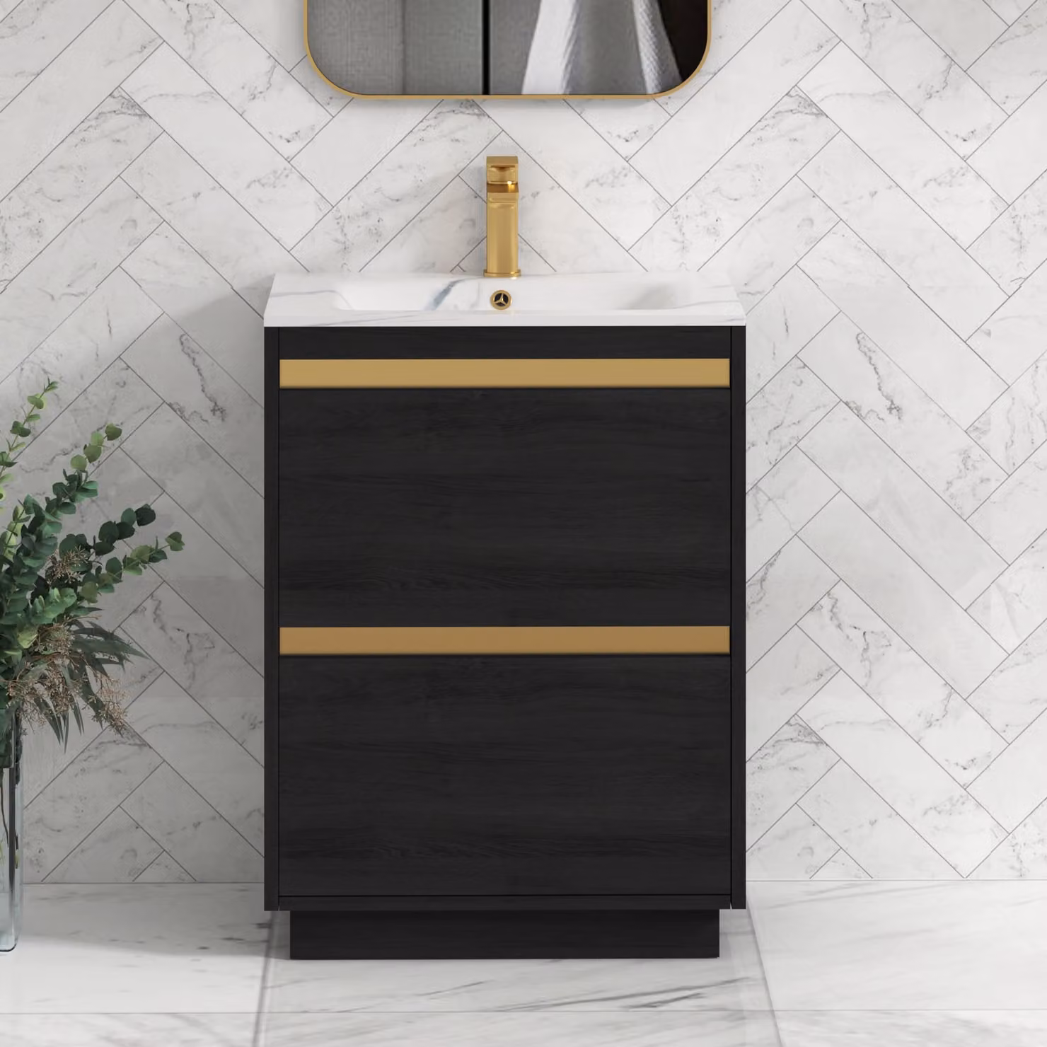 Royal Bathrooms Orion 600mm Floor Standing 2 Drawer Vanity Unit in Hale Black with Carrara White Basin and Brushed Brass Accent Trim