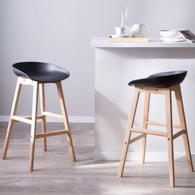 Wyld and Coco Nordic Living Set of 2 Black Counter Height Bar Stools with Beech Wood Finish, Height: 85 cm
