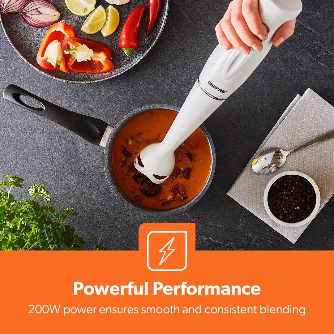Geepas 4-in-1 Hand Blender 200W with Chopper Bowl and Whisk in White – 4